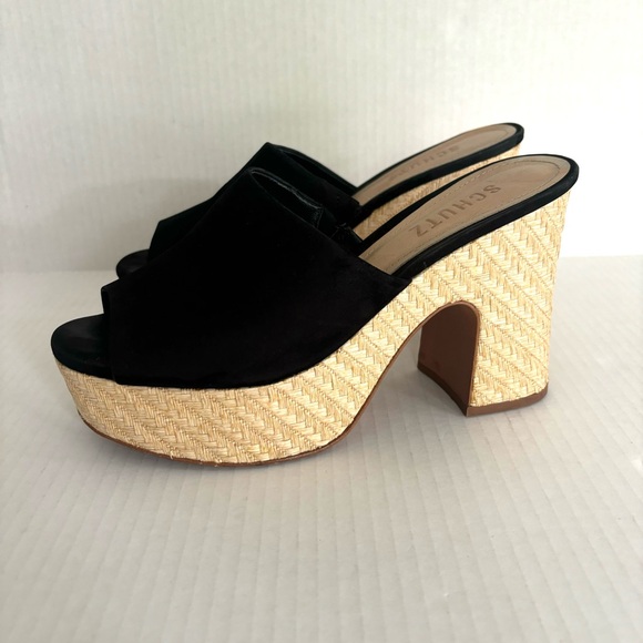 Schutz Tharley Black Suede Open-Toe Platform Block Heeled Mules Sandals Size 6.5 - Picture 1 of 10